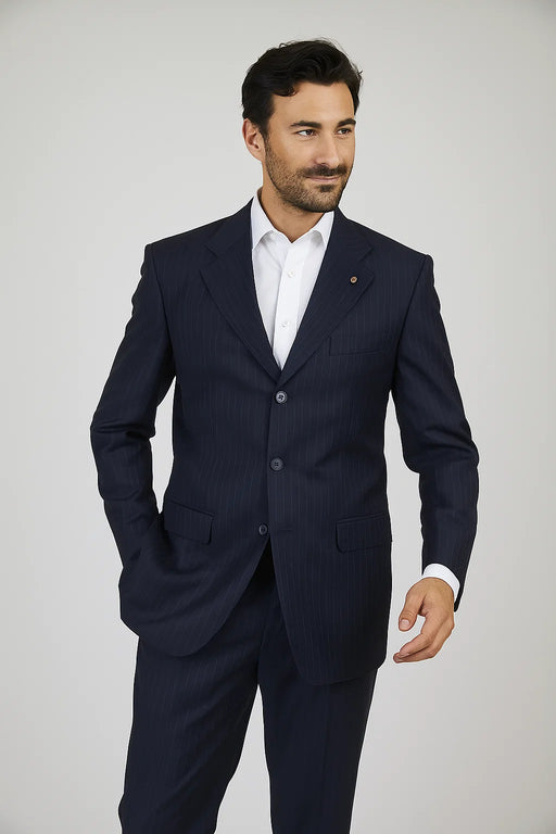 Men's 3 Button Pinstripe Dark Navy Dark Blue Suit