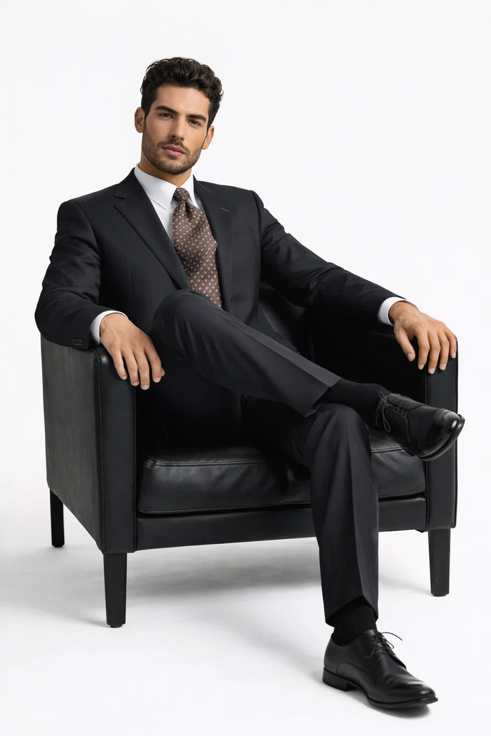 Men's Black Pinstripe Wool Italian Design Suit Black