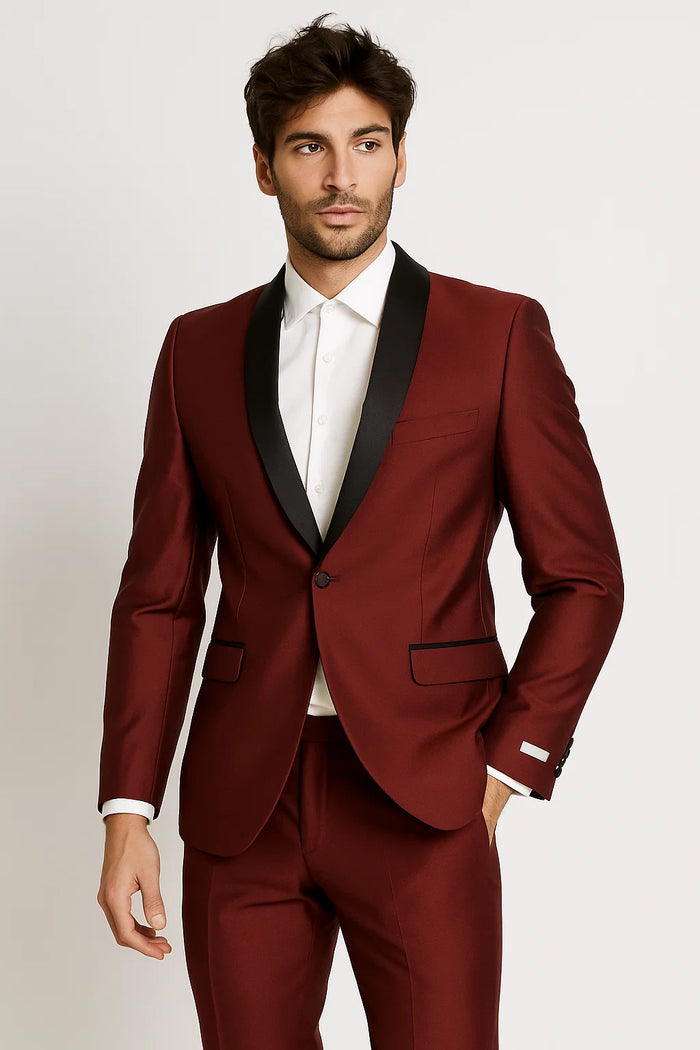 Men's Black Shawl Lapel 1 Button Classic Fit  Burgundy