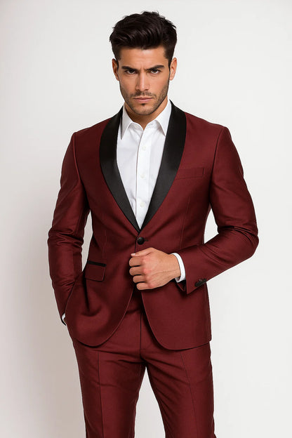Men's Black Shawl Lapel 1 Button Classic Fit Burgundy ~ Wine ~ Maroon Suit Burgundy / 44 Regular Jacket