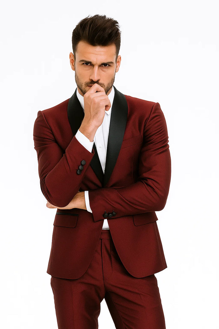 Men's Black Shawl Lapel 1 Button Classic Fit  Burgundy