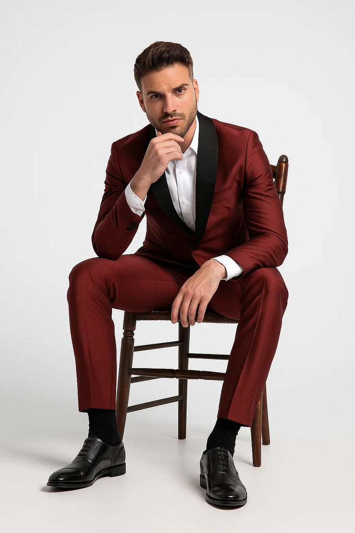 Men's Black Shawl Lapel 1 Button Classic Fit  Burgundy