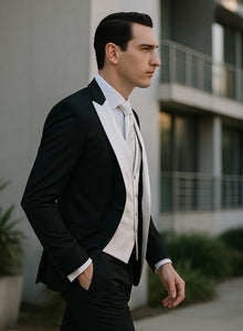 Men's Black and White  Lapel Peak Lapel Vested 3 Piece 1 Button Tuxedo With White Lapel Suit with white vest or black vest