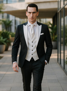 Men's Black and White  Lapel Peak Lapel Vested 3 Piece 1 Button Tuxedo With White Lapel Suit with white vest or black vest