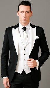 Men's Black and White  Lapel Peak Lapel Vested 3 Piece 1 Button Tuxedo With White Lapel Suit with white vest or black vest