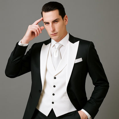 Men's Black and White  Lapel Peak Lapel Vested 3 Piece 1 Button Tuxedo With White Lapel Suit with white vest or black vest - Image 6