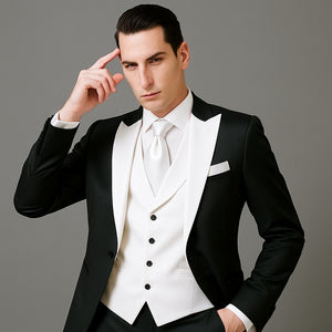 Men's Black and White  Lapel Peak Lapel Vested 3 Piece 1 Button Tuxedo With White Lapel Suit with white vest or black vest