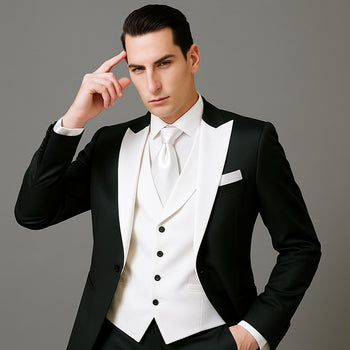 Men's Black and White  Lapel Peak Lapel Vested 3 Piece 1 Button Tuxedo With White Lapel Suit with white vest or black vest - Image 6