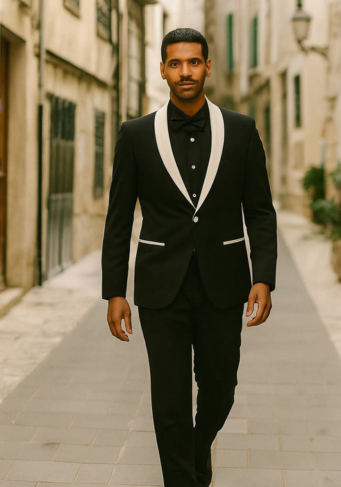 Men's Black and White Lapel Shawl-Collar Tuxedo Suit Dinner  Jacket Looking