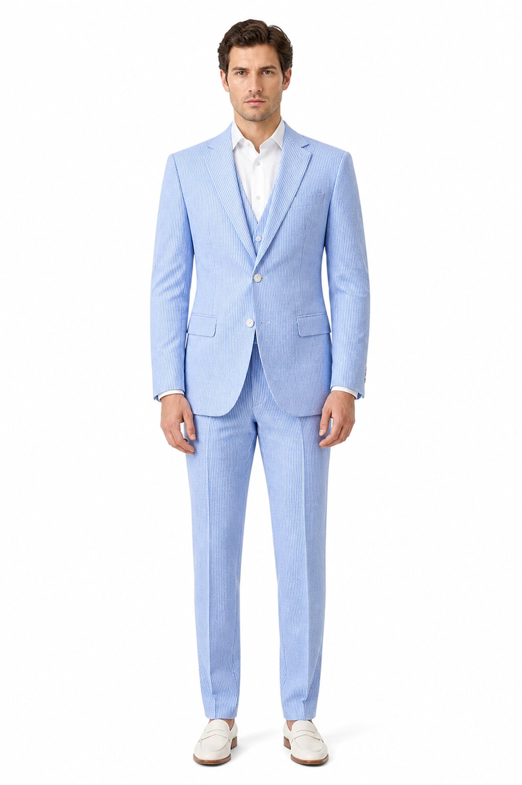 Men's  Notch Label Orange Colour Summer Seersucker Fabric Jacket and Pants 3 Piece Suit