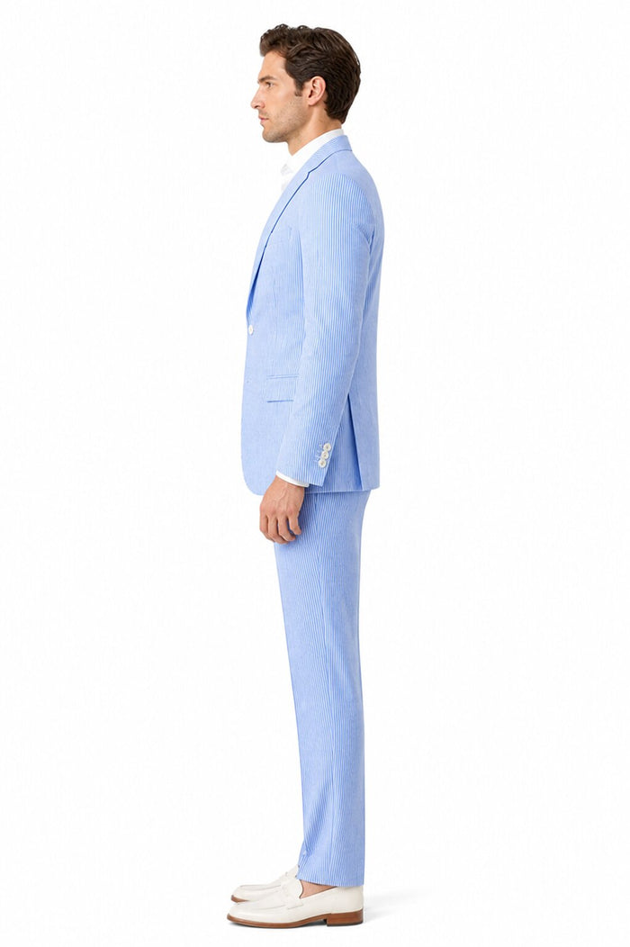 Men's  Notch Label Orange Colour Summer Seersucker Fabric Jacket and Pants 3 Piece Suit