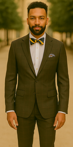 Men's Brown Plaid Slim Fit Suit by Rossiman Rossi – Peak Lapel Jacket & Tapered Pants