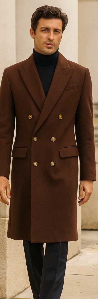 Men's Brown Wool Fabric Double breasted Overcoat  44 inch full length Topcoat - Image 6