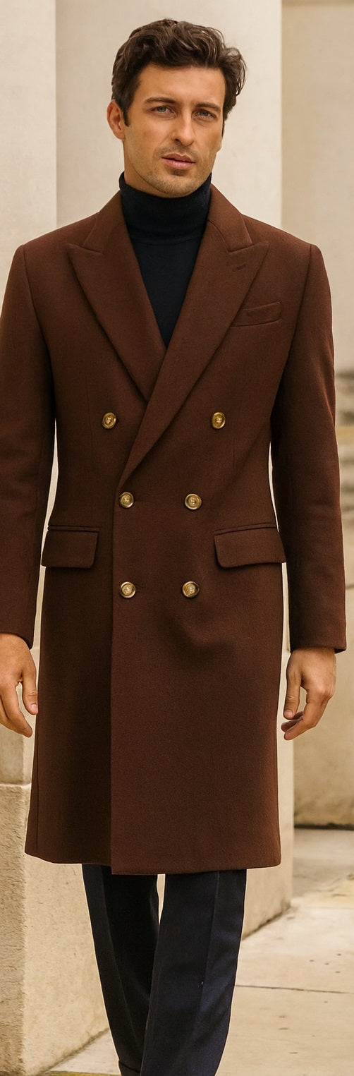 Men's Brown Wool Fabric Double breasted Overcoat  44 inch full length Topcoat - Image 6