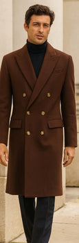 Men's Brown Wool Fabric Double breasted Overcoat  44 inch full length Topcoat - Image 6