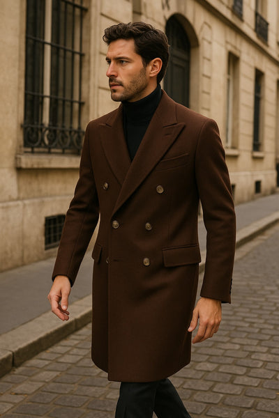 Men's Brown Wool Fabric Double Breasted Overcoat 44 Inch long full length Topcoat