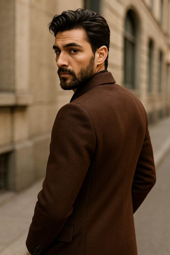 Men's Brown Wool Fabric Double breasted Overcoat  44 inch full length Topcoat - Image 5