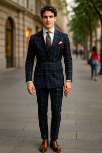 Mens Black and White Window Pane ~ Plaid Double Breasted Suits Suits