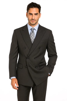 Pinstripe ~ Stripe Pattern Men's Charcoal Double Breasted Wool Peak Lapel Stripe Suit
