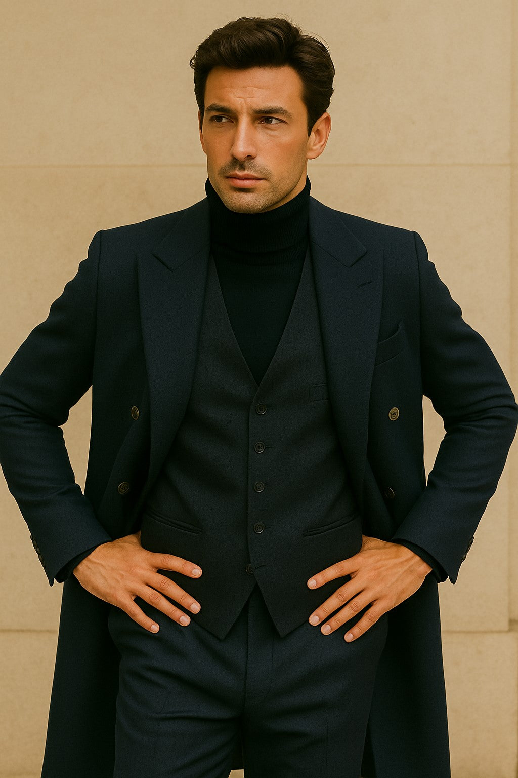 Men's Charcoal Grey - Dark Gray Fabric Double breasted Overcoat  44 inch full length Topcoat - Image 9