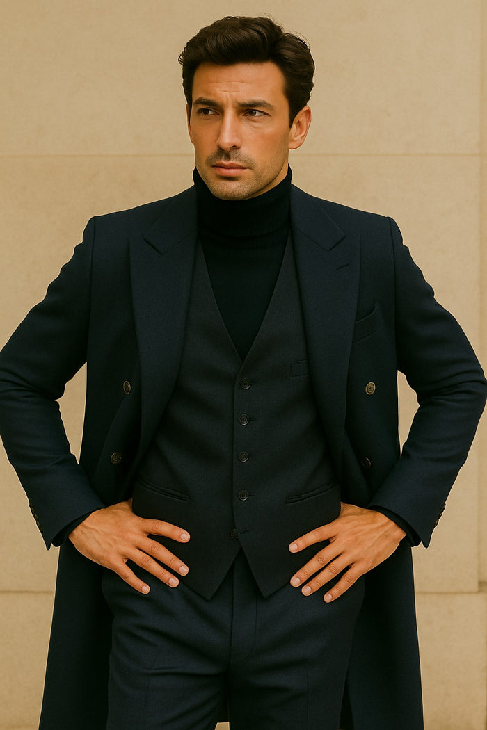Men's Charcoal Grey - Dark Gray Fabric Double breasted Overcoat  44 inch full length Topcoat - Image 9