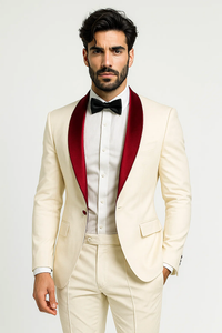 Men's Cream  Ivory One Button Cheap Priced Designer Fashion Dress Casual Blazer On Sale Burgundy Shawl Lapel Blazer