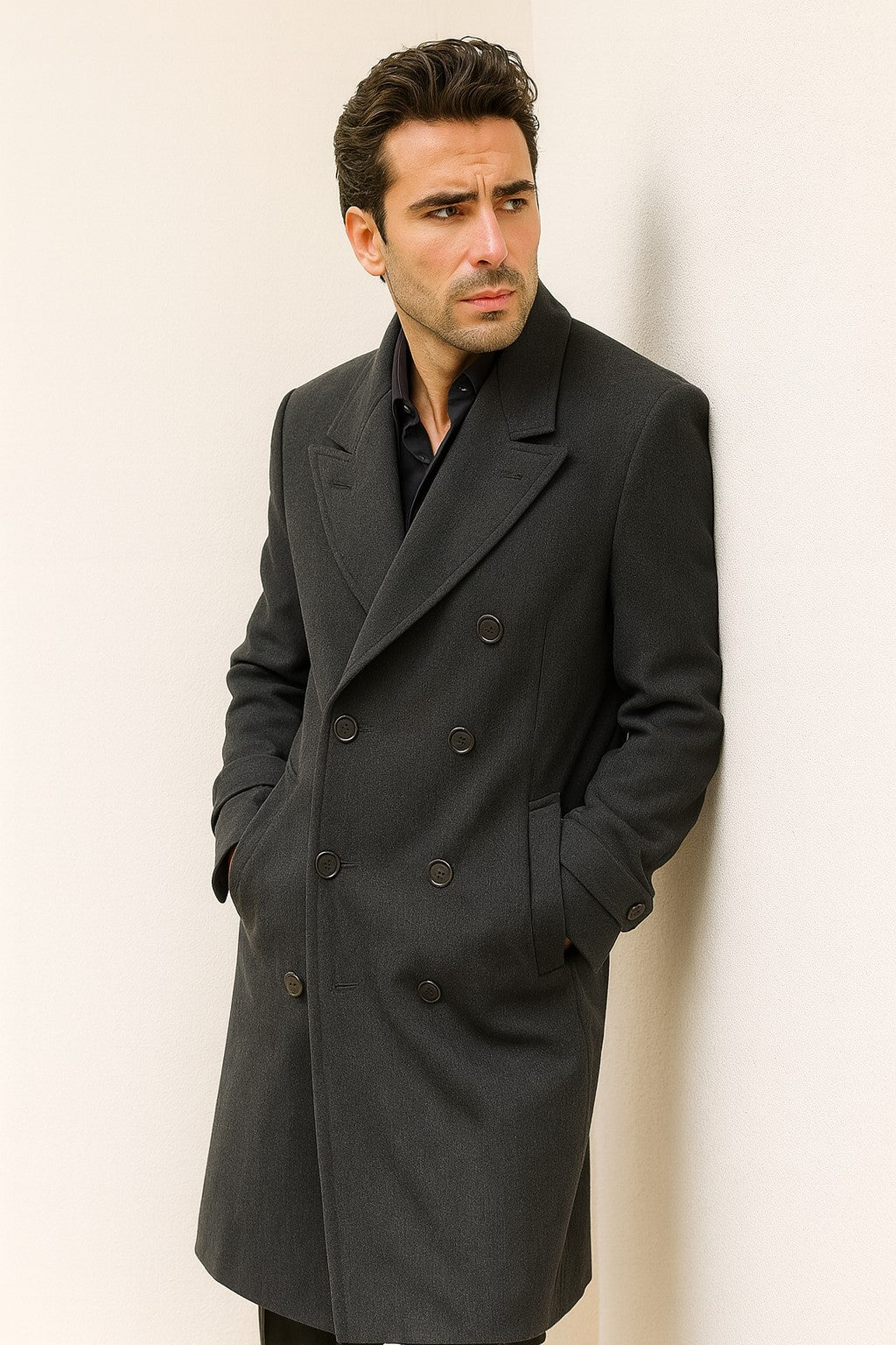 Men's Dress Coat Dress Coat Top Coat Buttons Closure Double Breasted Overcoat Charcoal Grey Full Length Maxi Coat - Image 6