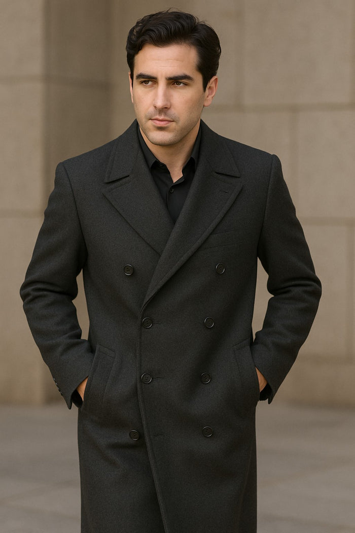 Men's Dress Coat Dress Coat Top Coat Buttons Closure Double Breasted Overcoat Charcoal Grey Full Length Maxi Coat - Image 8
