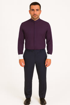 Men's Fashion Hidden Button French Cuff Mandarin Collarless Preacher Round Style Men's Dress Shirt - Image 5