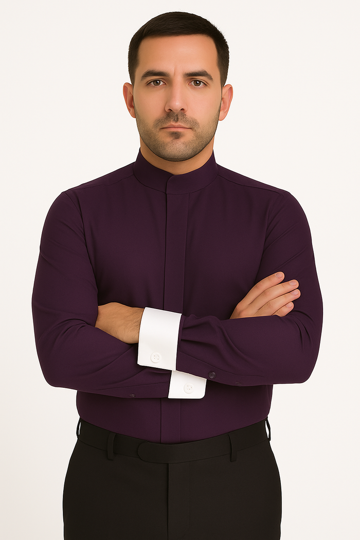 Men's Fashion Hidden Button French Cuff Mandarin Collarless Preacher Round Style Men's Dress Shirt - Image 11