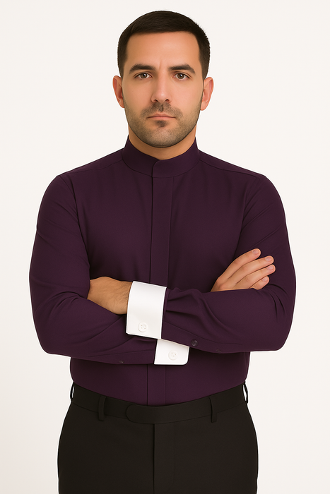 Men's Fashion Hidden Button French Cuff Mandarin Collarless Preacher Round Style Men's Dress Shirt