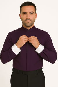 Men's Fashion Hidden Button French Cuff Mandarin Collarless Preacher Round Style Men's Dress Shirt