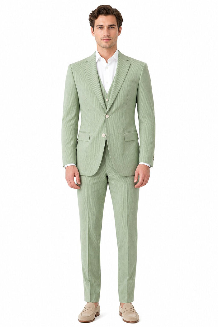 Men's  Notch Label Orange Colour Summer Seersucker Fabric Jacket and Pants 3 Piece Suit