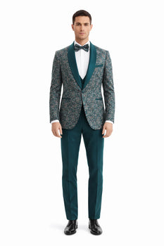 Men’s Green Splatter Print Prom Tuxedo – One Button Vintage Style with Shawl Lapel & Vest