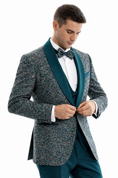 Men’s Green Splatter Print Prom Tuxedo – One Button Vintage Style with Shawl Lapel & Vest