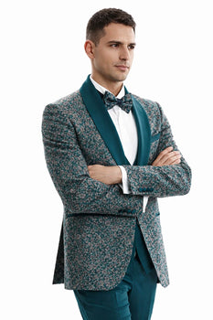 Men’s Green Splatter Print Prom Tuxedo – One Button Vintage Style with Shawl Lapel & Vest
