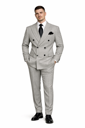 Men’s Grey and Black Pinstripe Double-Breasted Suit – 1920s Gangster Vintage Looking suit By Rossiman