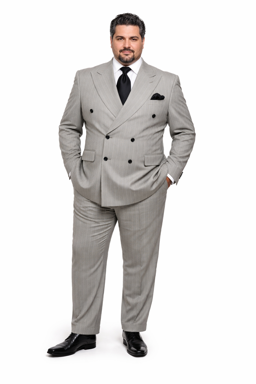 Men’s Grey and Black Pinstripe Double-Breasted Suit – 1920s Gangster Vintage Looking suit By Rossiman Modern Fit