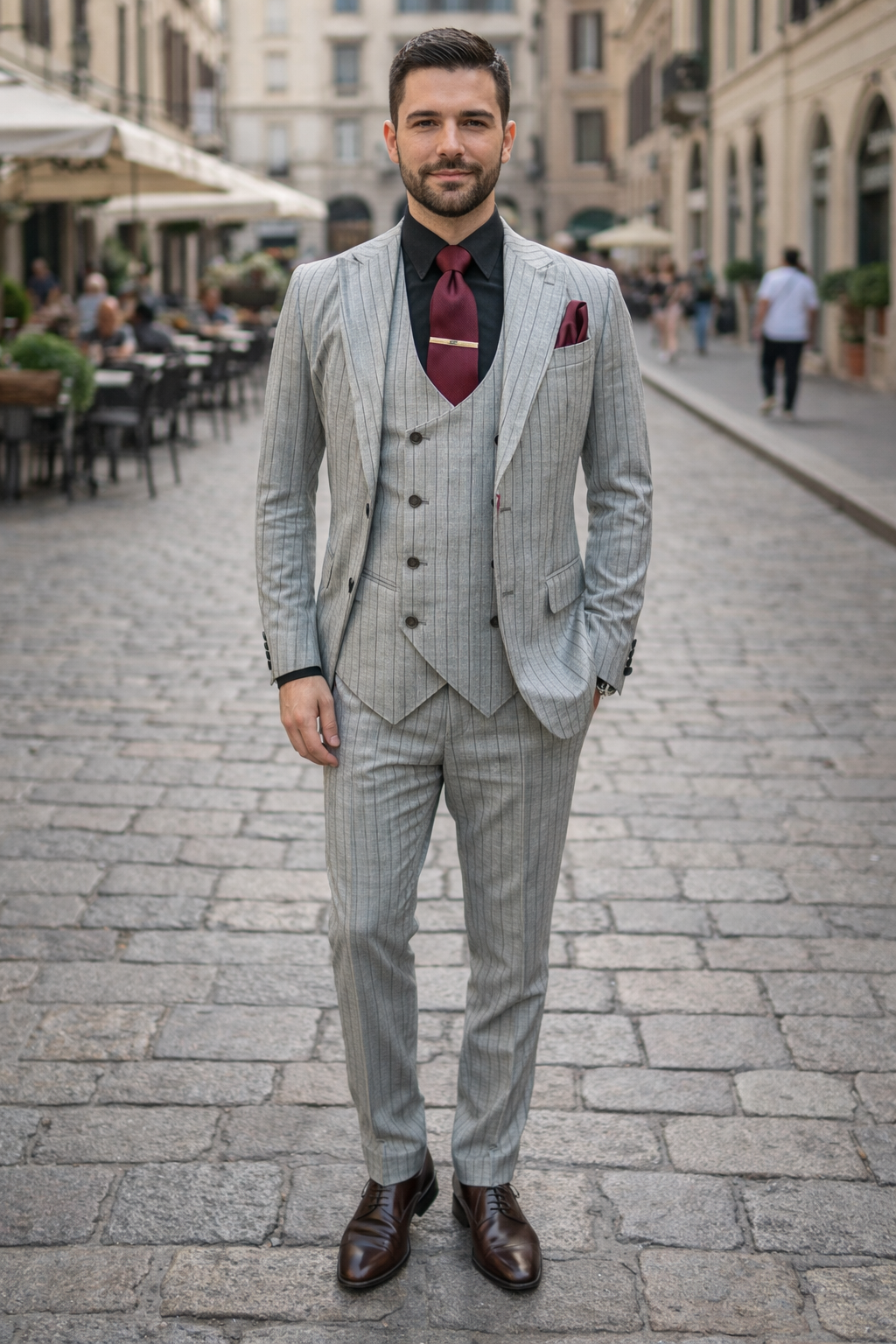 Men's Grey and Black Pinstripe Three-Piece Suit 1920s Suit Gangster Stripe Vintage Look