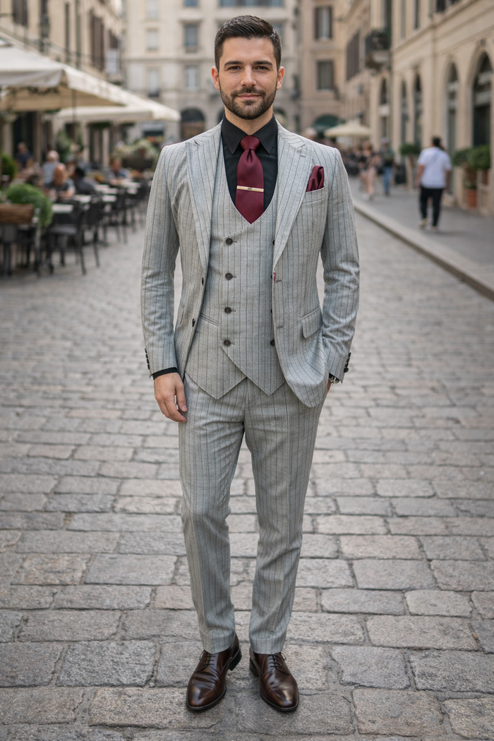 Men's Grey and Black Pinstripe Three-Piece Suit 1920s Suit Gangster Stripe Vintage Look Modern Fit