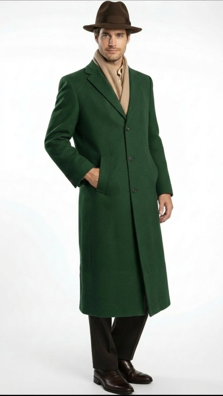 Men’s Hunter Green Full-Length Wool Overcoat – Classic Winter Dress Coat for Formal and Everyday Wear Hunter Green / 44 Regular