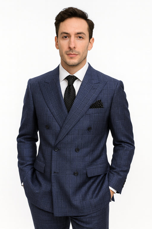 Mens Italian Wool Suit Color Sapphire - Men's Designer Classic Fit Double Breasted Wool Sapphire Blue Suit