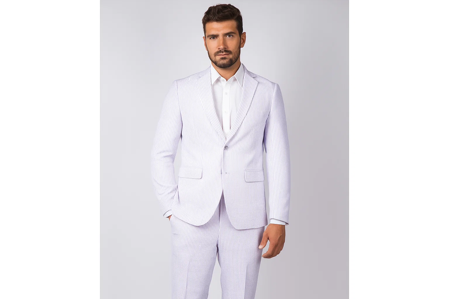 Men's Lavender ~ Lilac 2 Button Cheap Priced Designer Fashion Dress Casual Blazer For Men On Sale seersucker ~ sear sucker Suit Blazer & Pants - Image 2