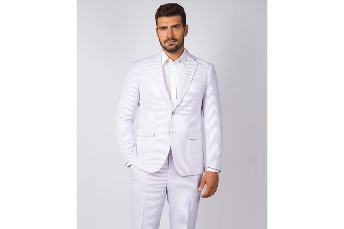 Men's Lavender ~ Lilac 2 Button Cheap Priced Designer Fashion Dress Casual Blazer For Men On Sale seersucker ~ sear sucker Suit Blazer & Pants - Image 2