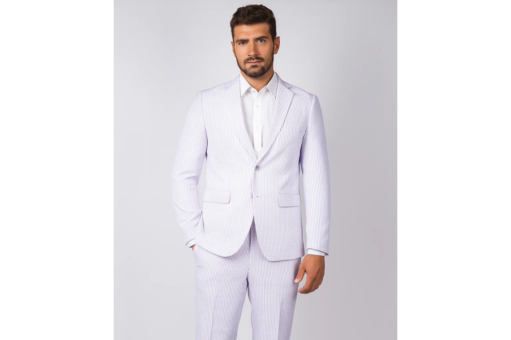 Men's Lavender ~ Lilac 2 Button Cheap Priced Designer Fashion Dress Casual Blazer For Men On Sale seersucker ~ sear sucker Suit Blazer & Pants