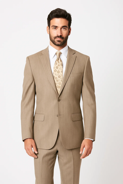 Men's Light Beige ~ Tan ~ Taupe Stripe ~ Pinstripe 2-Button Cheap Priced Business Suits Clearance Sale - Image 2