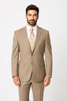 Men's Light Beige ~ Tan ~ Taupe Stripe ~ Pinstripe 2-Button Cheap Priced Business Suits Clearance Sale - Image 2