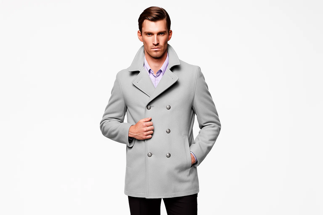 Men's Light Grey Six Button Double Breasted Cheap Priced Mens Wool Peacoat Jacket