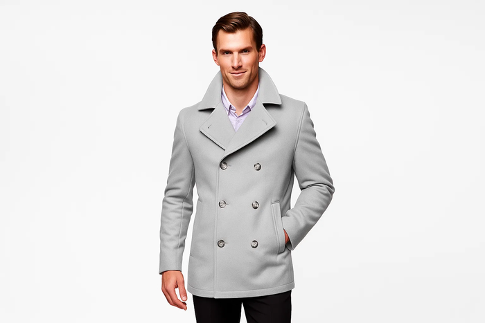 Men's Light Grey Six Button Double Breasted Cheap Priced Mens Wool Peacoat Jacket - Image 2