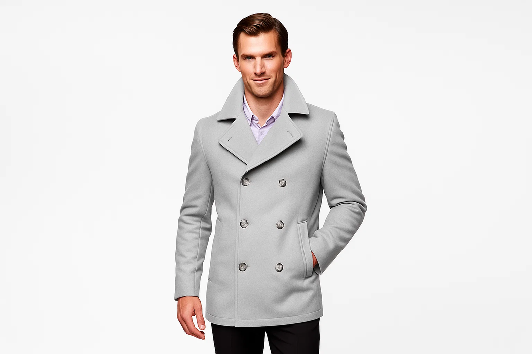 Men's Light Grey Six Button Double Breasted Cheap Priced Mens Wool Peacoat Jacket